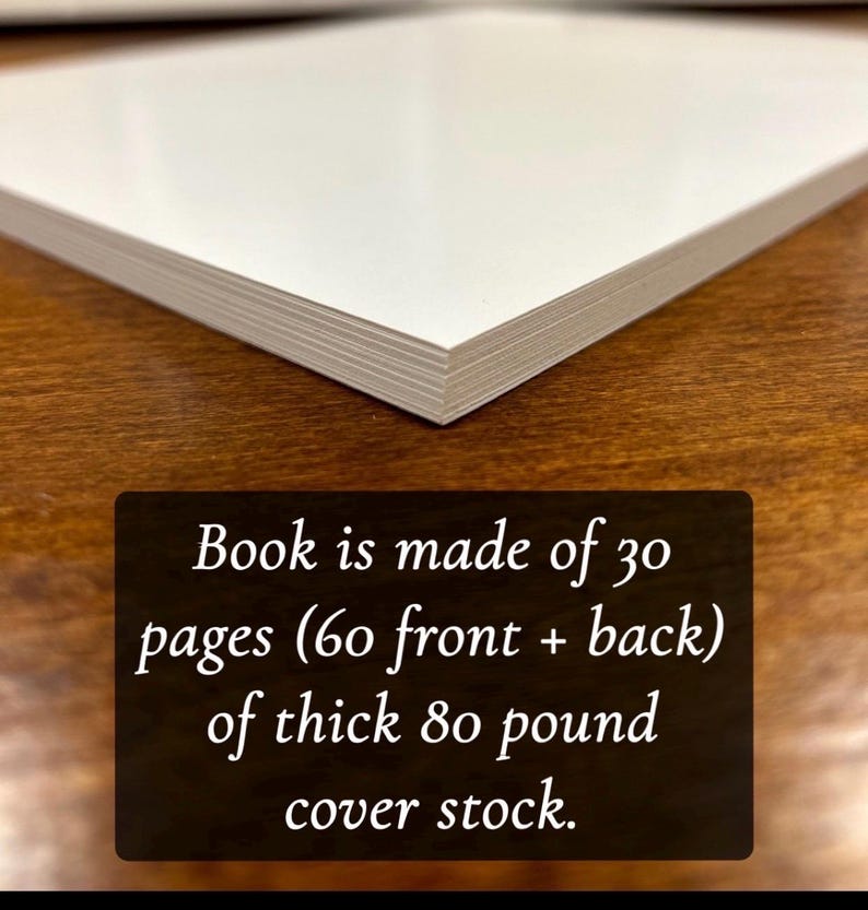 May include: Close-up of the edge of a book showing the thick, white paper stock. The text reads: "Book is made of 30 pages (60 front + back) of thick 80 pound cover stock."