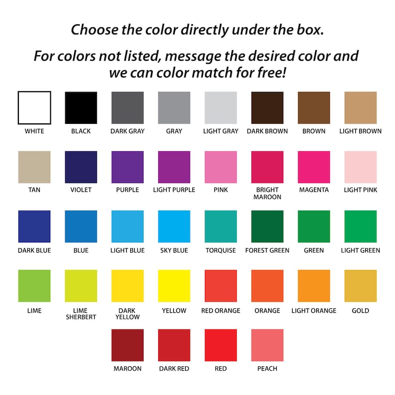May include: A color chart with 36 different color squares. The colors include white, black, dark gray, gray, light gray, dark brown, brown, light brown, tan, violet, purple, light purple, pink, bright maroon, magenta, light pink, dark blue, blue, light blue, sky blue, turquoise, forest green, green, light green, lime, lime sherbert, dark yellow, yellow, red orange, orange, light orange, gold, maroon, dark red, red, and peach.