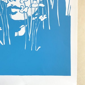 Botanical Portraits, No. 1. Original handmade linoleic print, A3. Limited, numbered and signed. Woman with blue flowers, floral pattern. image 6