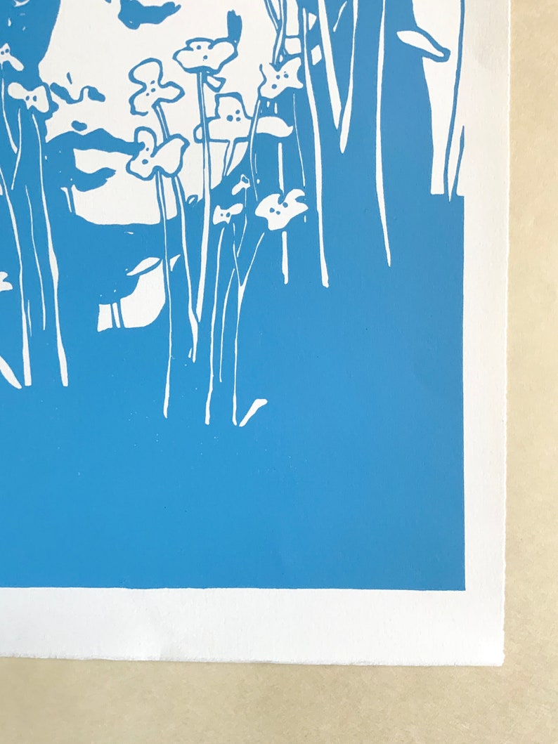 Botanical Portraits, No. 1. Original handmade linoleic print, A3. Limited, numbered and signed. Woman with blue flowers, floral pattern. image 6