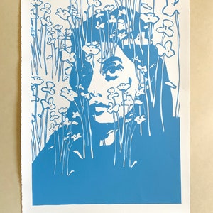 Botanical Portraits, No. 1. Original handmade linoleic print, A3. Limited, numbered and signed. Woman with blue flowers, floral pattern. image 1