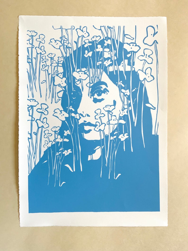 Botanical Portraits, No. 1. Original handmade linoleic print, A3. Limited, numbered and signed. Woman with blue flowers, floral pattern. image 1