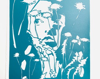 Dandelion. Original handmade linoleum print, approx. 32 x 23 cm. Limited, numbered and signed. Girl with dandelion, blue-green.