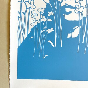 Botanical Portraits, No. 1. Original handmade linoleic print, A3. Limited, numbered and signed. Woman with blue flowers, floral pattern. image 5