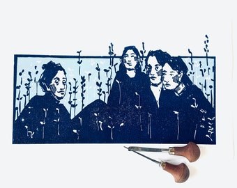 Daughters. Original handmade linoleum printing (reduction pressure). 26 x 43 cm. Limited, numbered and signed. Mother and daughters, blue.