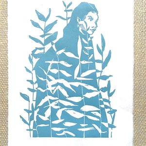 Original handmade linoleum printing, DIN A4. Limited, numbered and signed. Woman with leaves, plants, turquoise.