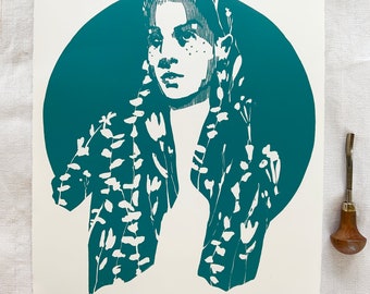 Original handmade linoleum print, A3. Limited, numbered and signed. Woman with flower hair, circle, blue-green.