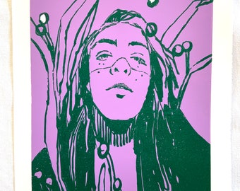 Original handmade linoleum printing (reduction pressure). DIN A3. Limited, numbered and signed. Women, leaves, pink, green.