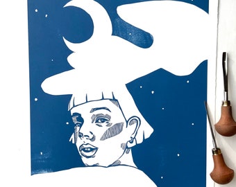 Original handmade linocut print, A3. Limited, numbered and signed. Night Sky, Moon, Stars, Clouds, Girl, Face, Blue.