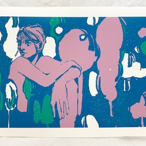 Original handmade linoleum printing (reduction pressure). DIN A3. Limited, numbered and signed. Woman in trees, plants, multicolored.