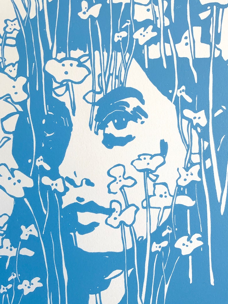 Botanical Portraits, No. 1. Original handmade linoleic print, A3. Limited, numbered and signed. Woman with blue flowers, floral pattern. image 2