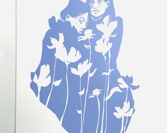 Original handmade linocut, DIN A4. Limited, numbered and signed. Women with flowers, plants, purple.