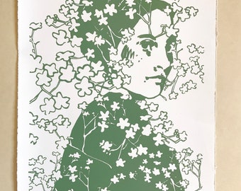 Botanical Portraits, No. 2. Original handmade linoleic print, A3. Limited, numbered and signed. Woman with green flowers, floral pattern.