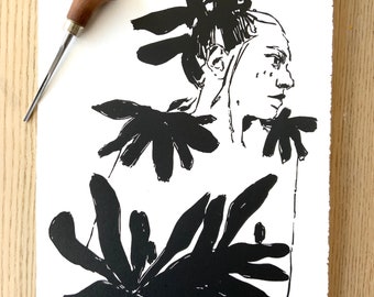 Original handmade linoleum printing, DIN A4. Limited, numbered and signed. Woman with flowers, black.