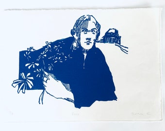 Zilli. Original handmade linocut, DIN A4. Limited, numbered and signed. Woman with flowers, house, blue.