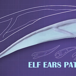 May include: A set of elf ear patterns for crafting. The patterns are shown on a purple grid background. The patterns are for different sizes and shapes of elf ears.