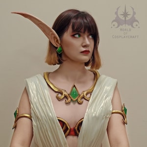 Può includere: Una donna con un costume bianco con gioielli dorati e verdi. Ha orecchie lunghe e appuntite e occhi verdi. Il costume include una collana d'oro con una gemma verde, braccialetti d'oro con gemme verdi e un corpetto dorato e rosso. Lo sfondo è un muro liscio.