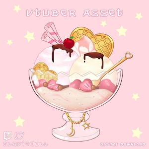 May include: Digital illustration of a sundae in a clear glass bowl. The sundae features scoops of pink and vanilla ice cream, chocolate sauce, waffles, strawberries, and a cherry. The background is pink with stars and the text "VTUBER ASSET".
