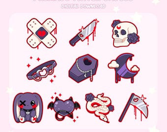 May include: A collection of premade Twitch badges in a digital download format. The badges feature various gothic and cute designs, including a bandage, knife, skull, choker, coffin, moon, bunny, heart with bat wings, snake, and scythe.