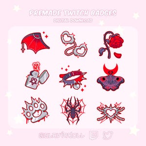 Op de afbeelding: Digitale download van kant-en-klare Twitch-badges. De afbeelding toont negen unieke ontwerpen, waaronder een rode vleermuisvleugel, hartvormige handboeien, een roos, een aansteker, een spijkerhalsband, een mot, boksbeugels, een spin en een hart met kettingen.