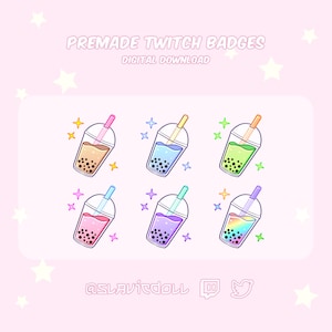 Cute premade bubble boba tea sub badges / bit badges / Twitch / Discord / Youtube Emotes set cozy kawaii aesthetic streaming