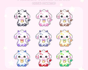 May include: Nine premade Twitch badges featuring cartoon cows in various colors, including black and gray, pink, and brown. Each cow has a bell and bow. Text at the top reads "PREMADE TWITCH BADGES DIGITAL DOWNLOAD".