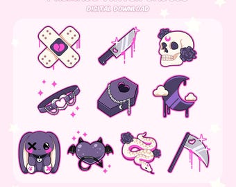 May include: A collection of premade Twitch badges in a digital download format. The badges feature various gothic and cute designs, including a bandage, knife, skull, collar, coffin, moon, bunny, heart with wings, snake, and scythe.