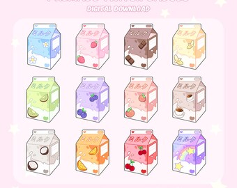 May include: A digital download graphic featuring twelve milk carton designs with various fruit and dessert themes. Each carton is a different color and has a corresponding illustration, such as flowers, strawberries, chocolate, and cherries. The text "PREMADE TWITCH BADGES" is at the top.