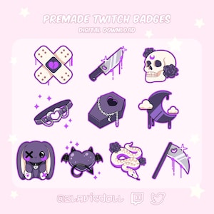 Emblemas de sub góticos fofos roxos / emblemas de bits / Twitch / Discord / Emotes definidos no YouTube, streaming estético kawaii aconchegante