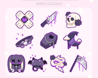 May include: Digital download of premade Twitch badges. The badges feature a variety of gothic and cute designs, including a bandage, knife, skull, choker, coffin, moon, bunny, heart bat, snake, and scythe. The color palette is primarily purple and white.