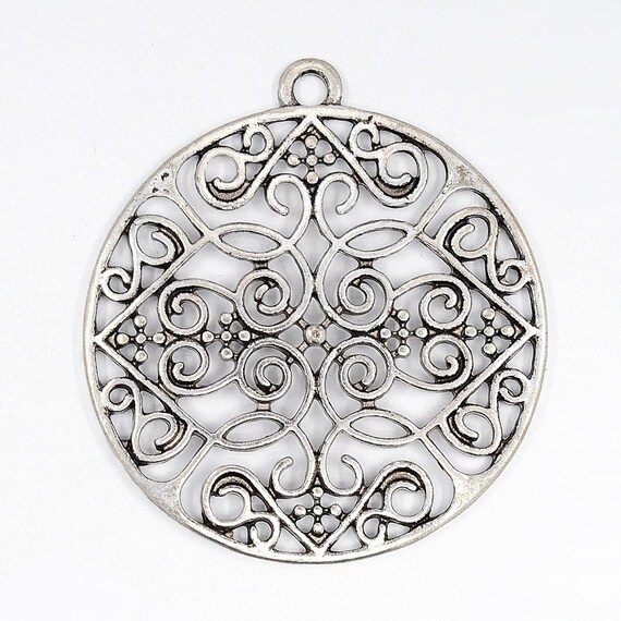 Antique Silver Flat Round Pendant Etsy