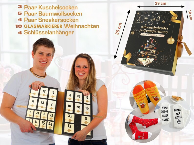 Socken Adventskalender für Frauen, Weihnachtskalender 2023, Kuschelsocken Baumwollsocken 37-43 mit Sprüchen, Geschenke zu Weihnachten Bild 2