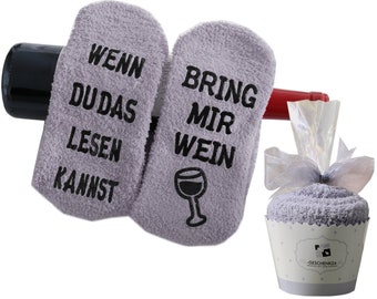 Wein Socken mit Spruch bring mir Wein, Geburtstagsgeschenk für Mama, Freundin, Schwester, Kuschelsocke Cupcake, Grau 36-43