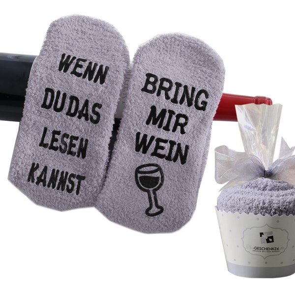 Wein Socken mit Spruch bring mir Wein, Geburtstagsgeschenk für Mama, Freundin, Schwester, Kuschelsocke Cupcake, Grau 36-43