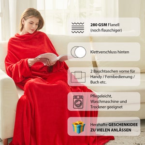 Cuddly Blanket with Sleeves and Pockets, Gifts for Women, Birthday Gifts for Mom, Sister, Girlfriend, TV Sofa Blanket Red, 150x200 image 2