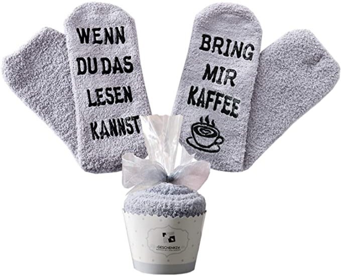 Lustige Kuschelsocken mit Kaffee Spruch, Geschenk für Frauen