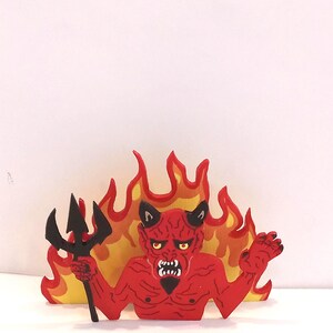 Wooden Halloween Devil with Flames decoration  1" scale