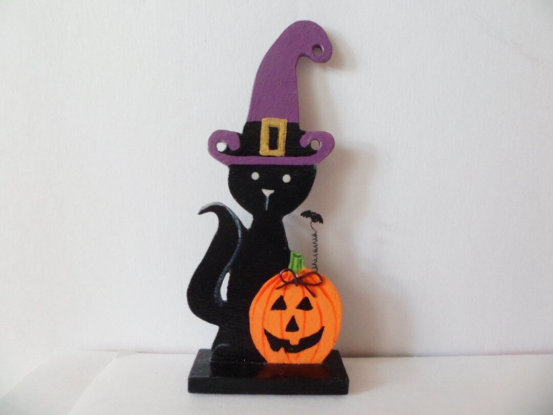Wooden Halloween Cat With a Purple Witches Hat Decoration 1" Scale - Etsy