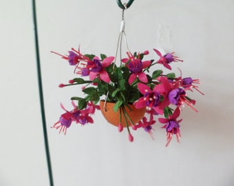 Fuchsia, purple and pink, hanging basket, 1" dollhouse scale  This plant is not real!