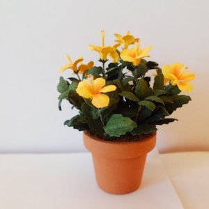 Hibiscus plant, dark yellow potted 1&quot; dollhouse scale   These flowers are not real!