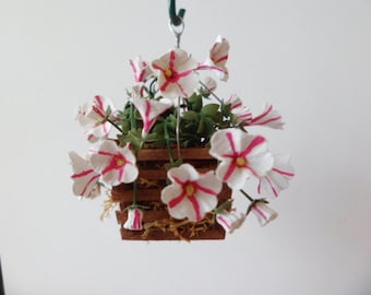 Petunia, hanging basket, white w/dark pink stripes 1" dollhouse scale   These flowers are not real!