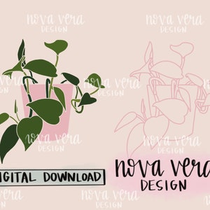 May include: A digital download of a line art illustration of a potted plant with heart-shaped leaves. The plant is in a pink pot and the background is a light pink colour. The text "nova vera design" is written in black cursive at the bottom of the image.
