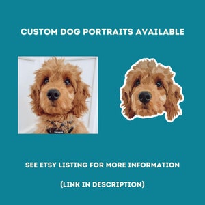 Puede incluir: Una ilustraci&oacute;n de retrato de perro personalizado de un perro marr&oacute;n y blanco con un collar negro. El perro est&aacute; mirando a la c&aacute;mara. El texto "VOYAGER" est&aacute; en el collar. La imagen est&aacute; sobre un fondo azul.