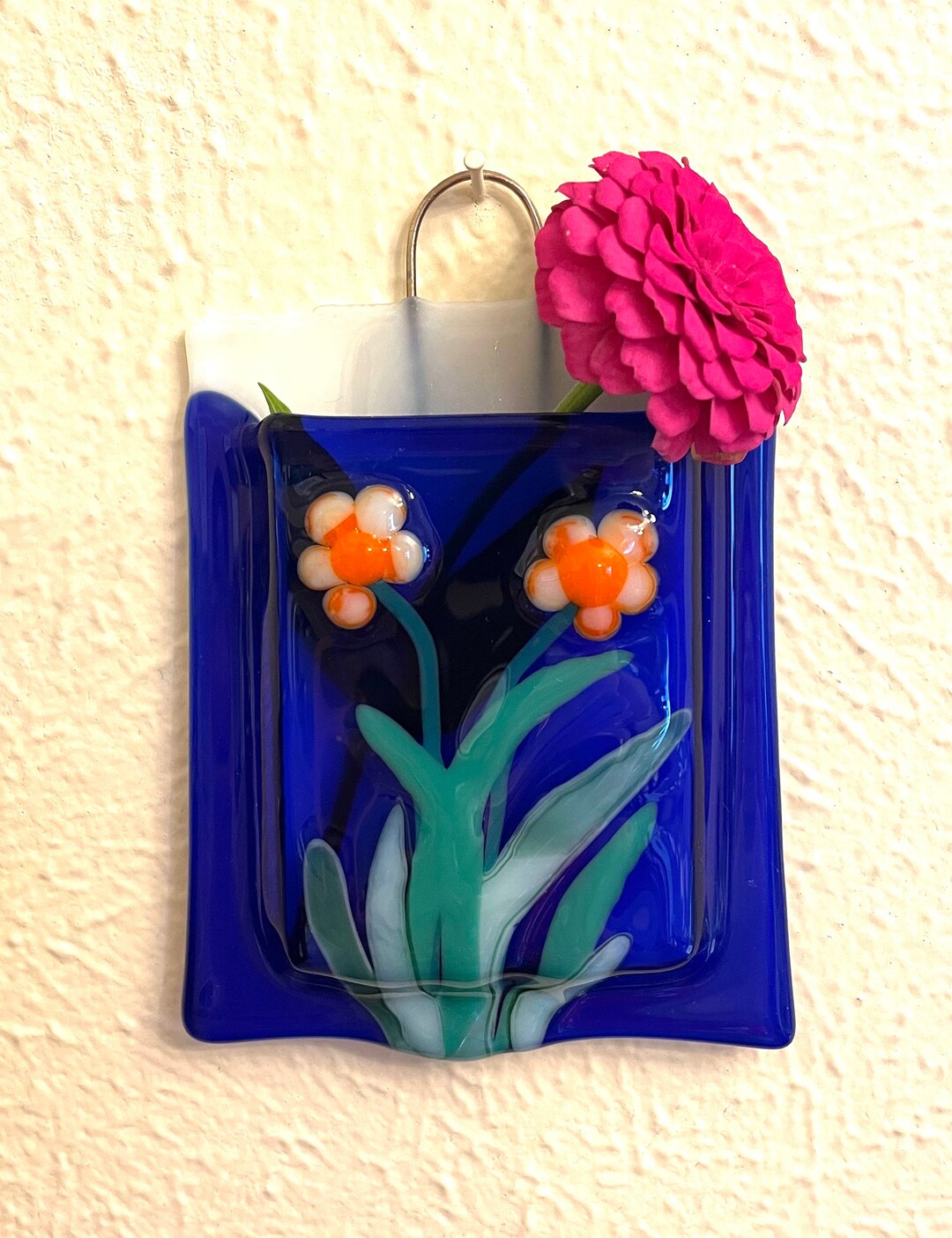 Fused Glass Wall Vase, Double Fused Blue and White Glass, Flower Vase