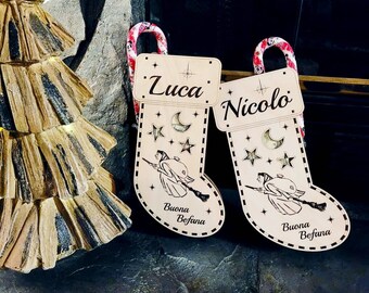 La Befana, Stocking, Italian, Wood Sock Box, Personalized, Engraved, gifts