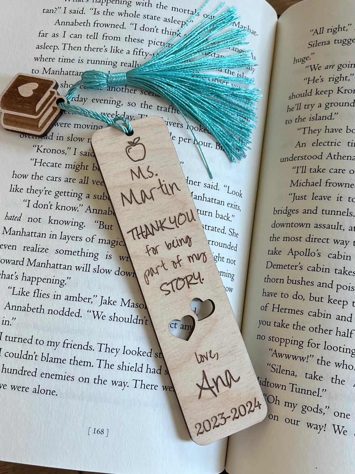 Teacher Appreciation Gift Personalized Thank You Wooden Engraved Bookmark with charm, gift boxed ready to give