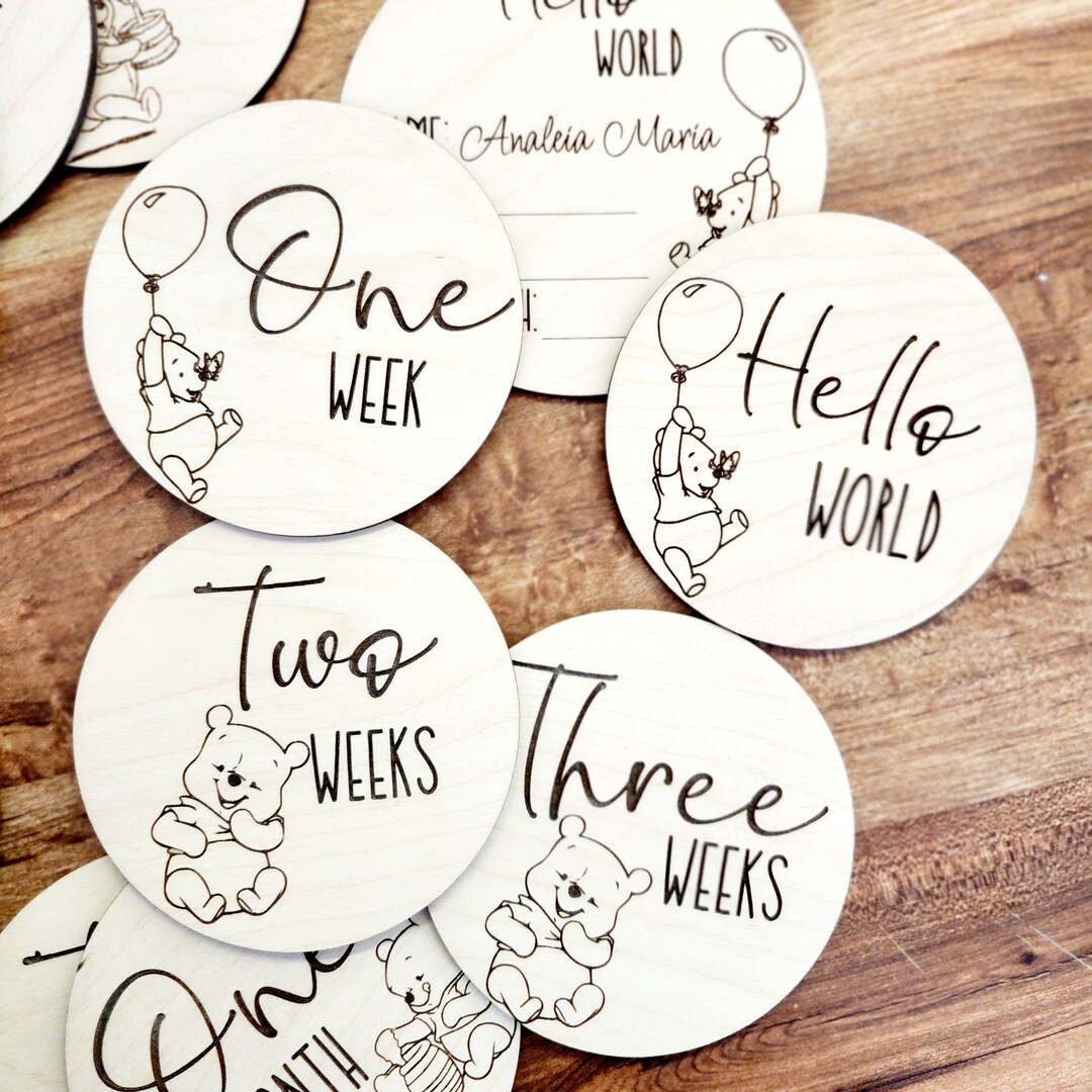 Winnie the Pooh Personalized Baby Month and Week Milestone Wood Disc ...