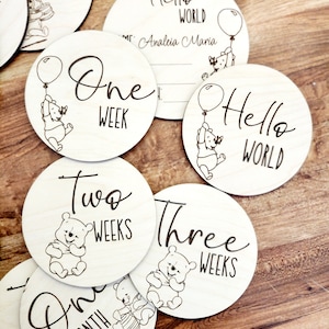 Carte disque en bois Jalon personnalisé pour bébé du mois et de la semaine Winnie l'ourson