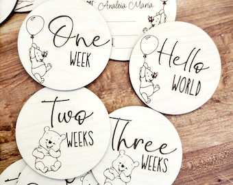 Winnie The Pooh Personalized Baby Month and Week Milestone Wood Disc Card