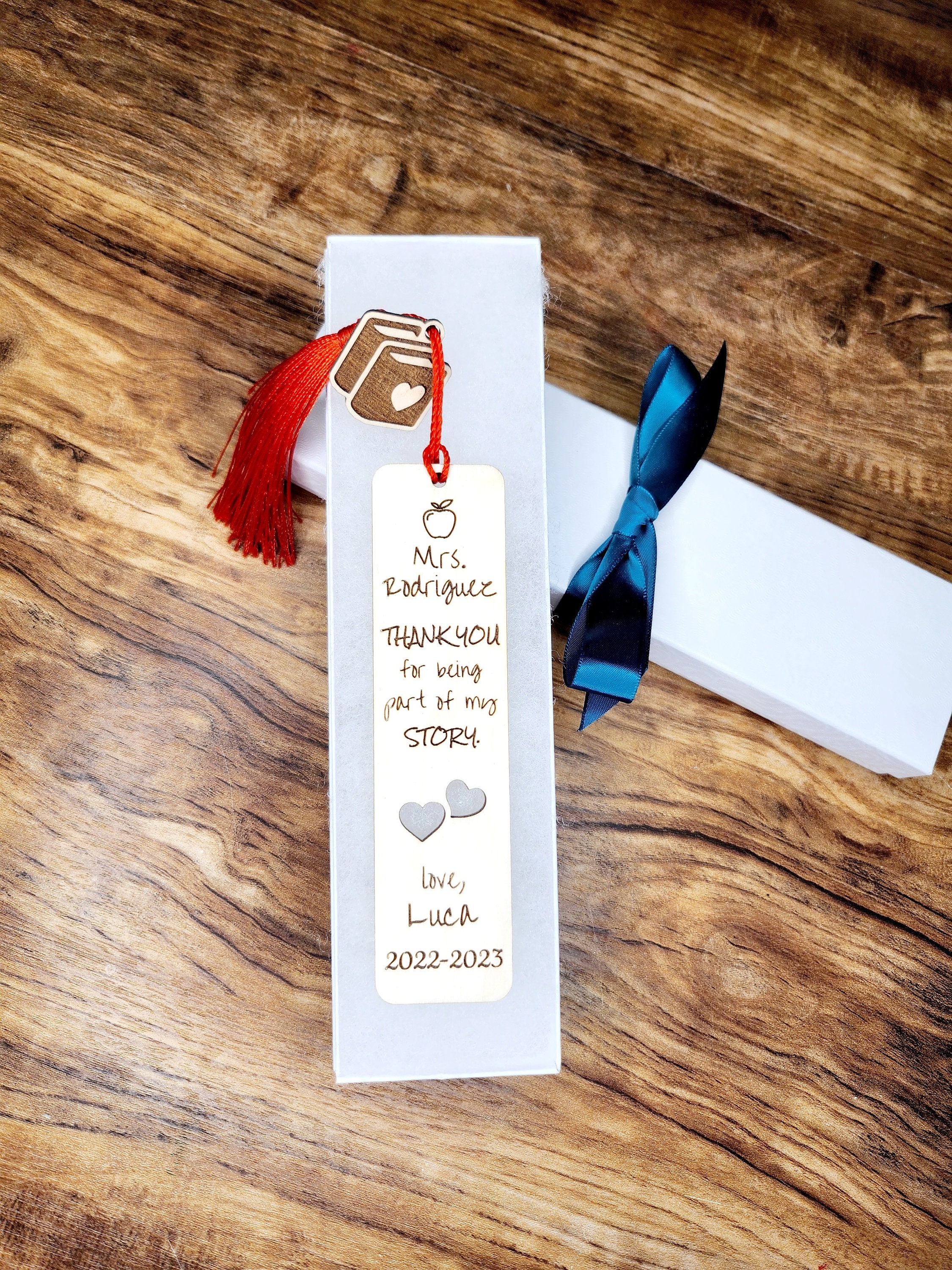Teacher Appreciation Gift Personalized Thank You Wooden Engraved Bookmark with charm, gift boxed ready to give